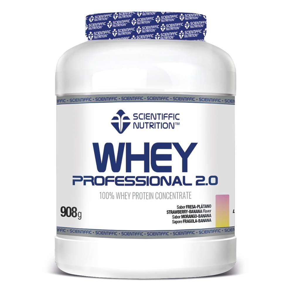 Scientiffic Nutrition - Whey Professional 2.0 Proteinas Whey en Polvo 100% Pura, para Aumentar la Masa Muscular, con Enzimas Digestivas y Lactasa - 908g, Sabor Fresa - Chocolate Blanco.