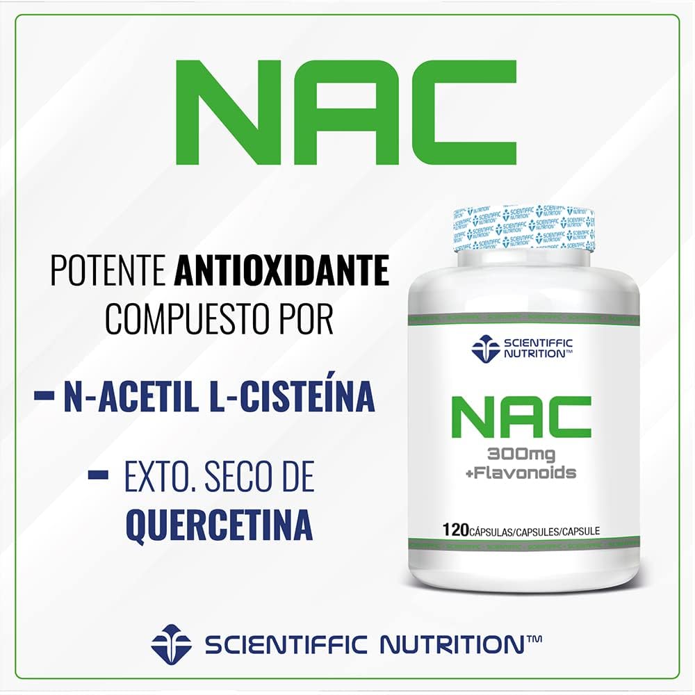 Scientiffic Nutrition - NAC + Flavonoids 300mg, N-Acetil-L-Cisteina, Potente Antioxidante, Reduce la Inflamación Muscular, aumenta los Niveles de Glutatión - 120 cápsulas