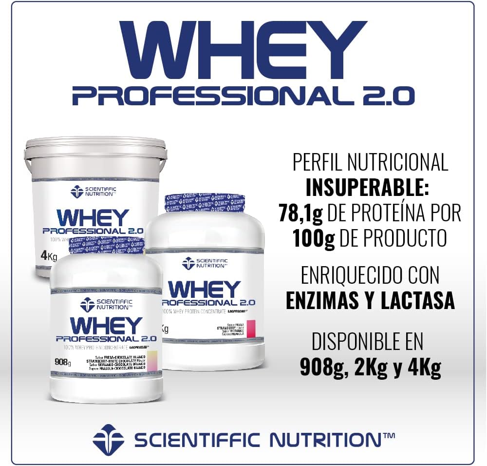 Scientiffic Nutrition - Whey Professional 2.0 Proteinas Whey en Polvo 100% Pura, para Aumentar la Masa Muscular, con Enzimas Digestivas y Lactasa - 908g, Sabor Fresa - Chocolate Blanco.