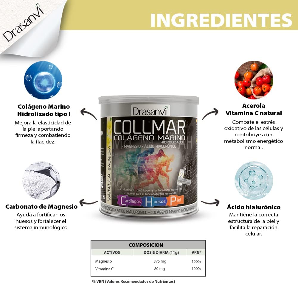 Drasanvi COLLMAR Colágeno Marino Hidrolizado con Ácido Hialurónico, Magnesio, Vitamina C | para cartílagos, huesos y piel | Sin edulcorantes |Alta dosis 9.717 mg/dia |300g de polvo | Sabor Vainilla