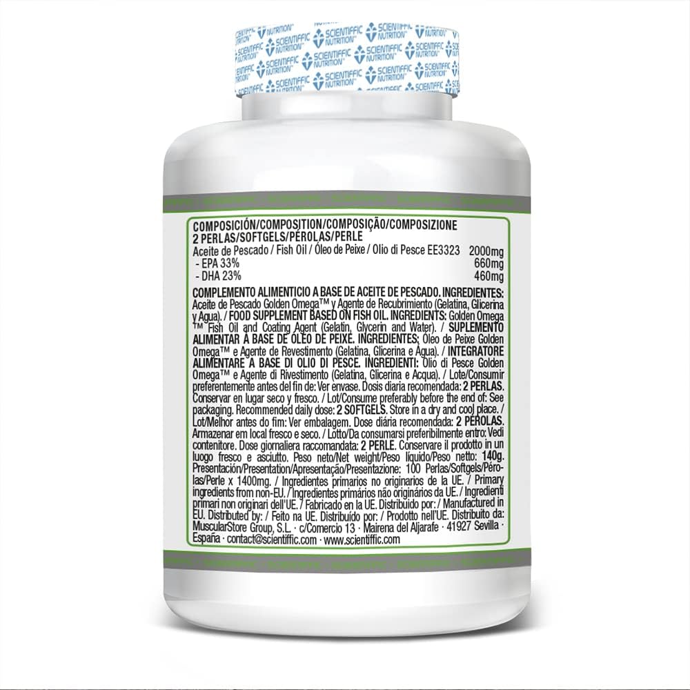 Scientiffic Nutrition - Omega 3 Cápsulas Aceite de Pescado 2000mg, Contiene EPA, DHA y Vitamina E, Mantiene los Niveles de Colesterol - 100 Perlas.