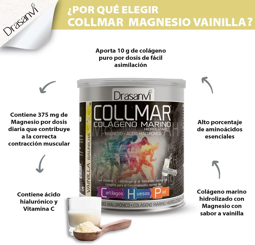 Drasanvi COLLMAR Colágeno Marino Hidrolizado con Ácido Hialurónico, Magnesio, Vitamina C | para cartílagos, huesos y piel | Sin edulcorantes |Alta dosis 9.717 mg/dia |300g de polvo | Sabor Vainilla