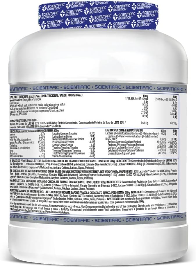Scientiffic Nutrition - Whey Professional 2.0 Proteinas Whey en Polvo 100% Pura, para Aumentar la Masa Muscular, con Enzimas Digestivas y Lactasa - 908g, Sabor Fresa - Chocolate Blanco.
