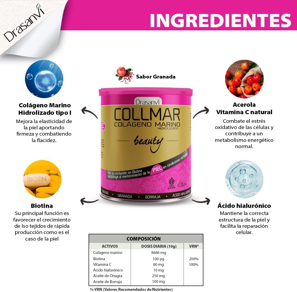 DRASANVI COLLMAR BEAUTY COLAGENO MARINO PARA LA PIEL | Colageno Hidrolizado con Vitamina C Natural, Biotina y Acido Hialuronico| Piel Bonita e Hidratada| Sabor Granada | 275 GR