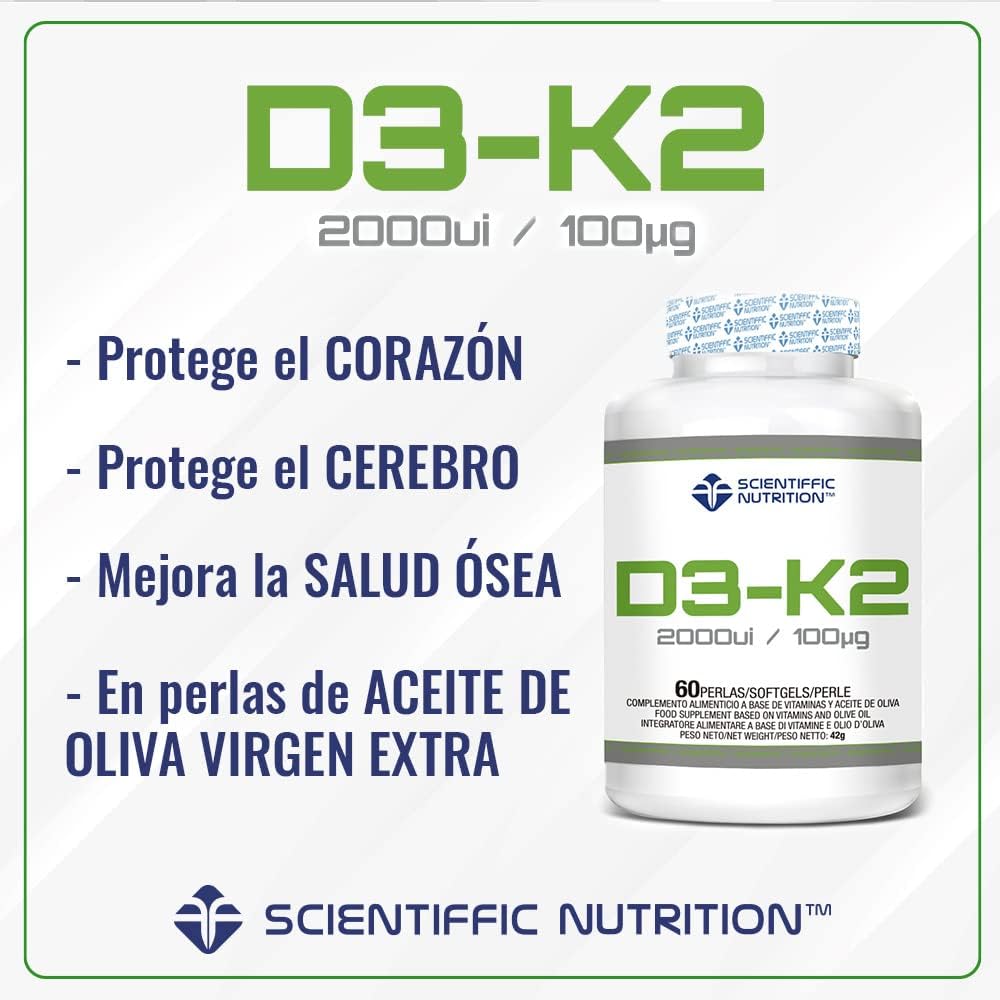 Scientiffic Nutrition - Vitamina D3 y K2 con Aceite de Oliva Virgen Extra para una Mejor Absorción y Alta Biodisponibilidad, Fortalece los huesos, Vitamina D3 2000ui + K2 100µg - 60 perlas