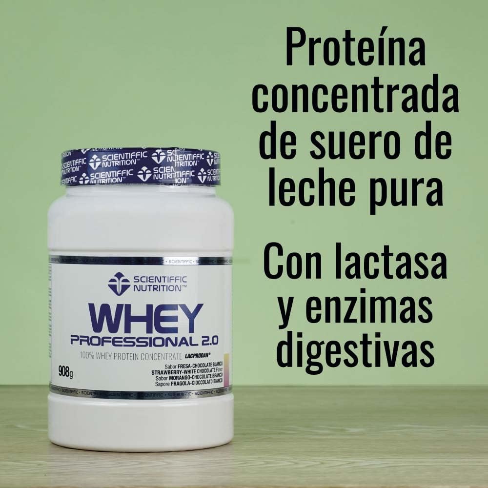Scientiffic Nutrition - Whey Professional 2.0 Proteinas Whey en Polvo 100% Pura, para Aumentar la Masa Muscular, con Enzimas Digestivas y Lactasa - 908g, Sabor Fresa - Chocolate Blanco.
