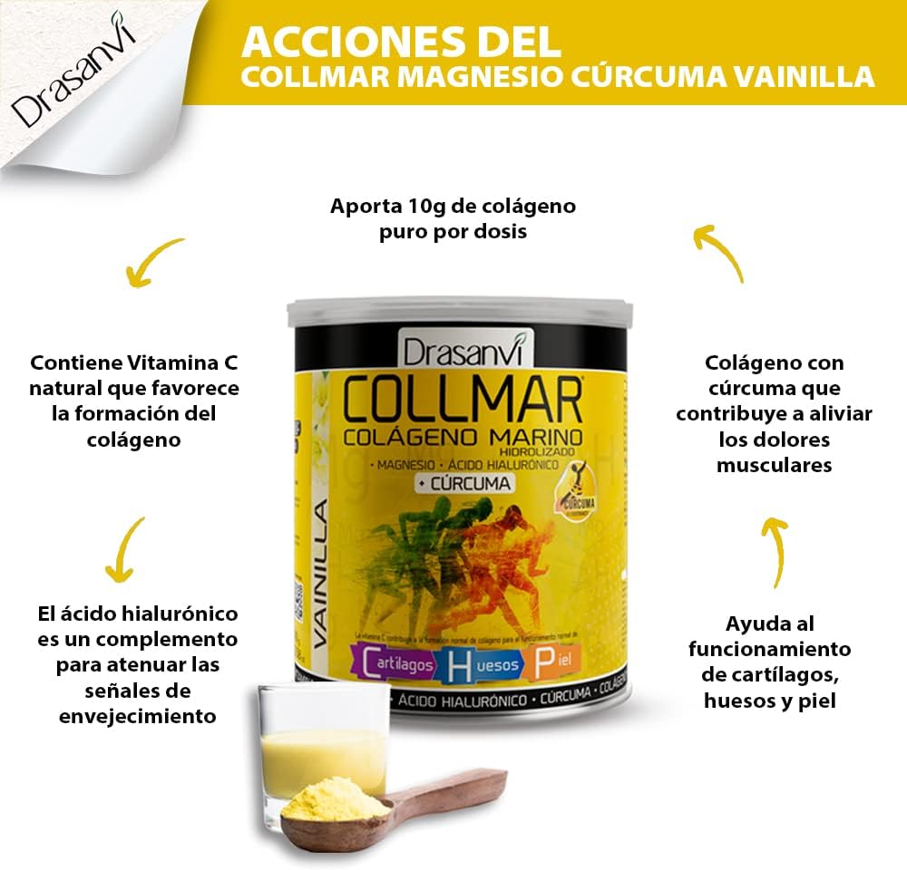 Drasanvi COLLMAR Colágeno Marino Hidrolizado + Cúrcuma con Magnesio, Vitamina C, Ácido Hialurónico para bienestar articular y muscular |Máx. asimilación 9.355 mg/día | 300g de polvo | Sabor Vainilla