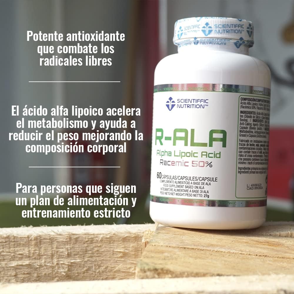 Scientiffic Nutrition - R-ALA 50%, Ácido Alfa Lipoico en Cápsulas, 250mg por Toma, Suplemento Alimenticio Antioxidante y Acelerador del Metabolismo - 60 Comprimidos.