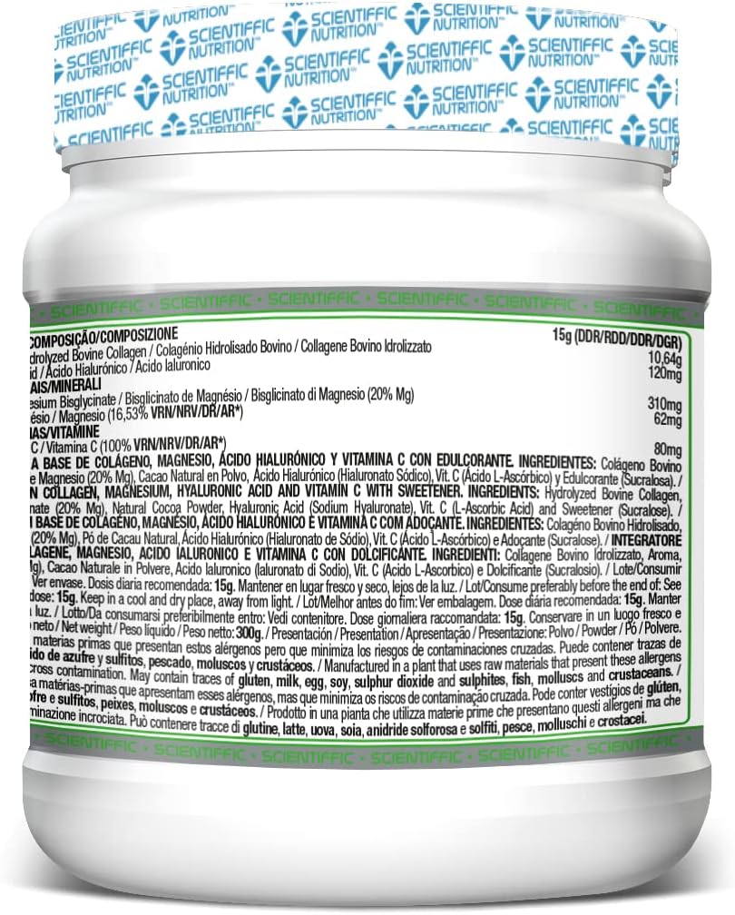 Scientiffic Nutrition - Collagen+, Colágeno con Magnesio, Ácido Hialurónico y Vitamina C, Mantiene la Piel Tersa, Fortalece Articulaciones, Hueso y Uñas - 300g Sabor Chocolate.
