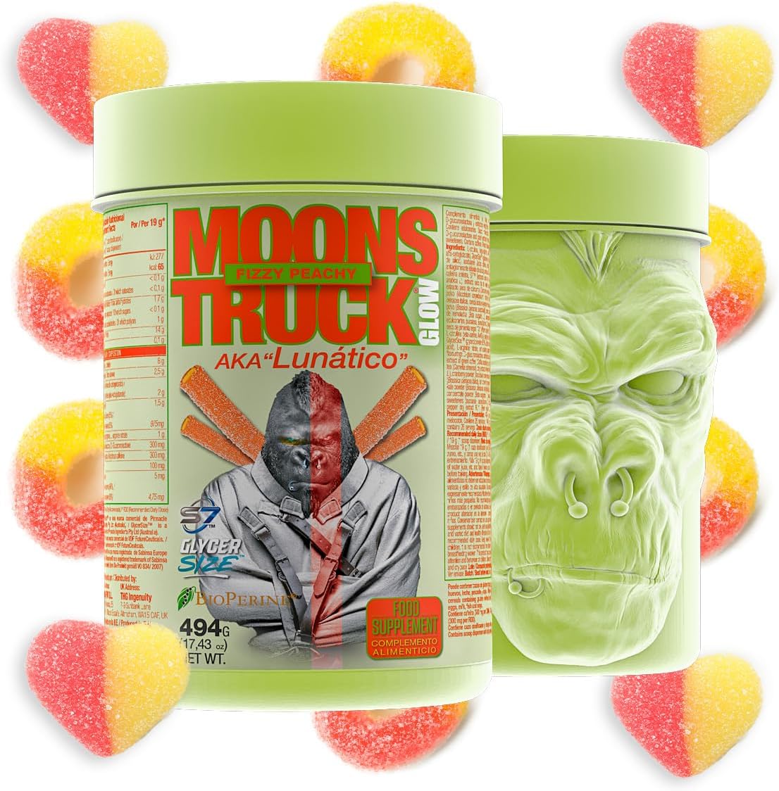 MOONSTRUCK GLOW Preentreno de Zoomad Labs | Cafeína | 16g de óxido nítrico y pump | Incrementa Energía y entrenamiento | Envase Premium 3D con Brillo en la Oscuridad (Sabor chuche de melocotón)