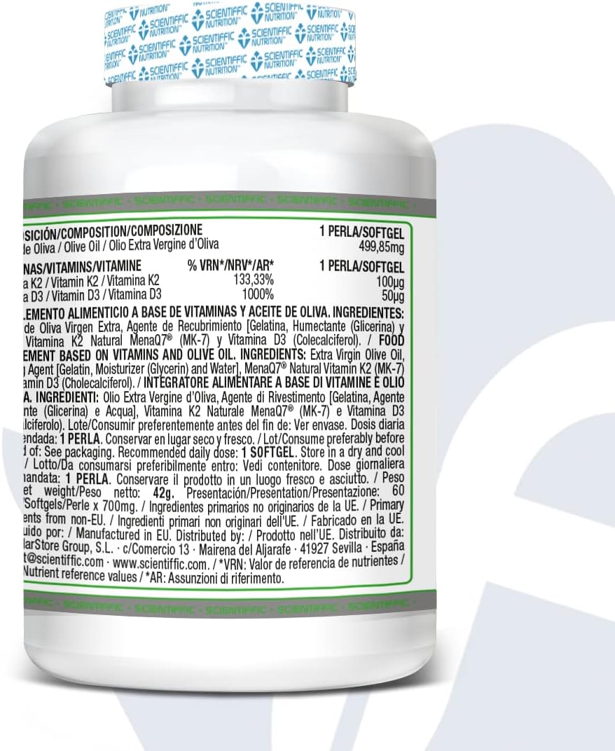 Scientiffic Nutrition - Vitamina D3 y K2 con Aceite de Oliva Virgen Extra para una Mejor Absorción y Alta Biodisponibilidad, Fortalece los huesos, Vitamina D3 2000ui + K2 100µg - 60 perlas