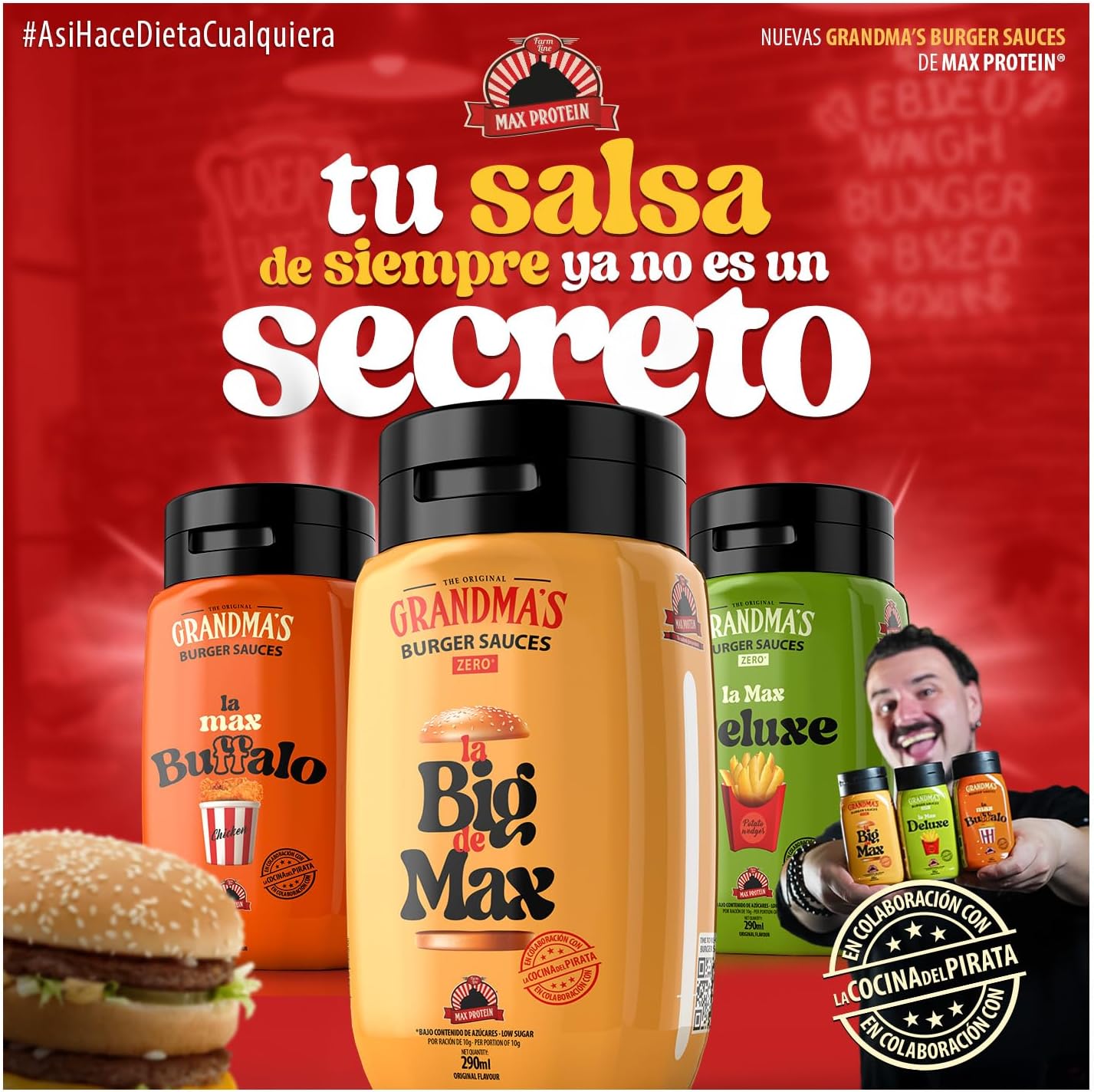 Max Protein Grandma's - LA MAX BUFFALO - Salsa Búfalo - Salsa Toque Picante e Intenso, para Allitas, Hamburguesas - Menos de 18 kcal por toma - Baja en Azúcares y en Grasas - Colab "Cocina del Pirata"