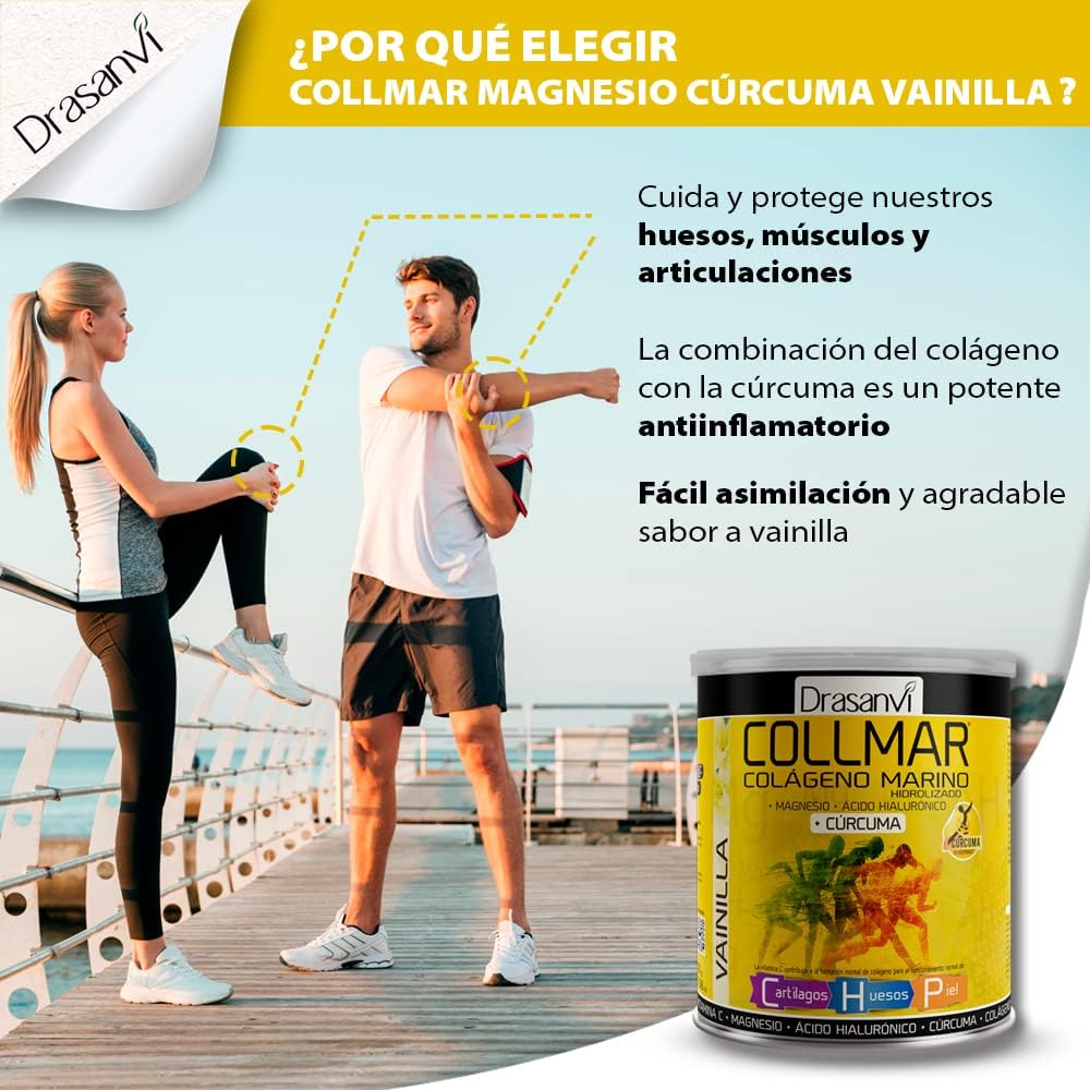Drasanvi COLLMAR Colágeno Marino Hidrolizado + Cúrcuma con Magnesio, Vitamina C, Ácido Hialurónico para bienestar articular y muscular |Máx. asimilación 9.355 mg/día | 300g de polvo | Sabor Vainilla