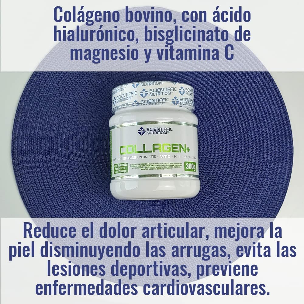 Scientiffic Nutrition - Collagen+, Colágeno con Magnesio, Ácido Hialurónico y Vitamina C, Mantiene la Piel Tersa, Fortalece Articulaciones, Hueso y Uñas - 300g Sabor Chocolate.