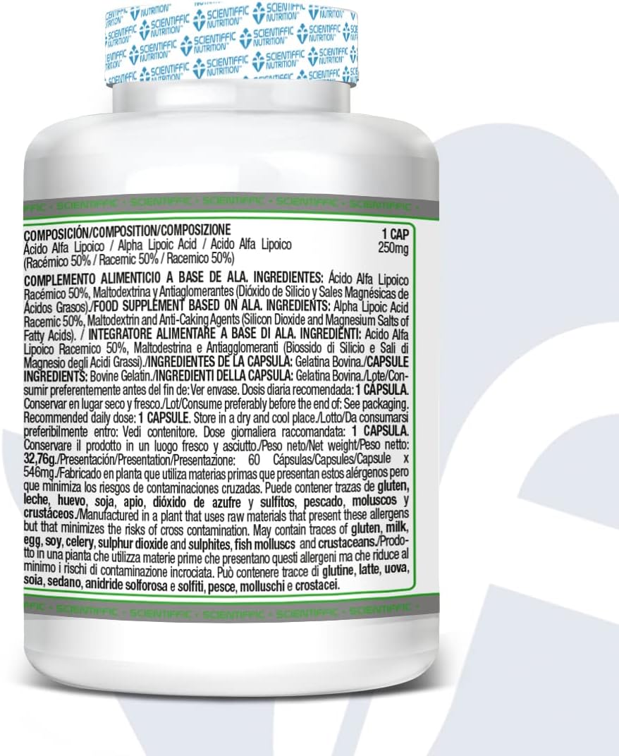 Scientiffic Nutrition - R-ALA 50%, Ácido Alfa Lipoico en Cápsulas, 250mg por Toma, Suplemento Alimenticio Antioxidante y Acelerador del Metabolismo - 60 Comprimidos.