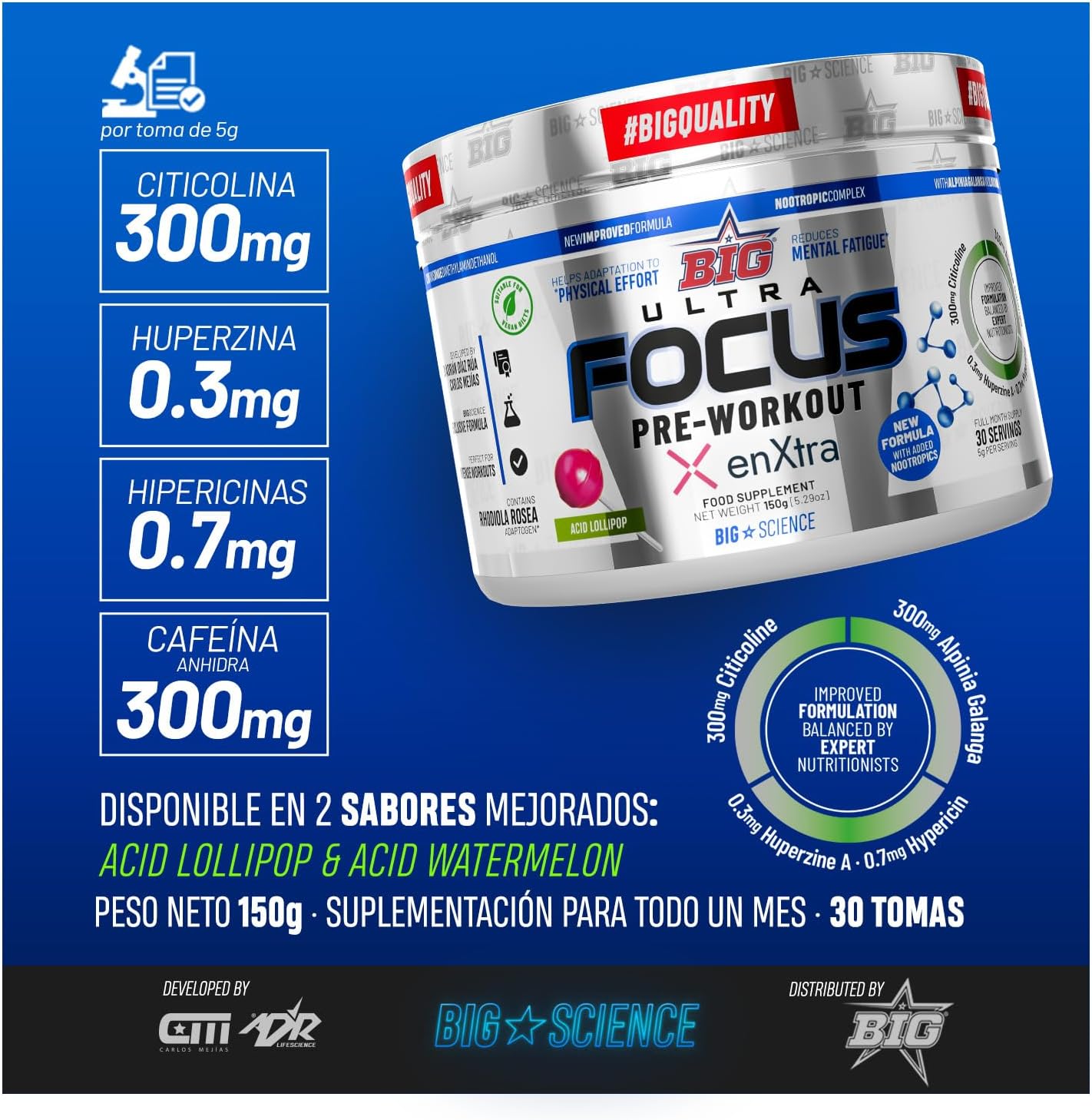 Pre Entreno Gimnasio - 30 Tomas - Pre Workout Potente con Nootropicos - Pre Entreno Fuerte con 300 mg Cafeina - Aumenta la Concentración y Reduce la Sensación de Fatiga (150g, Acid Lollipop)