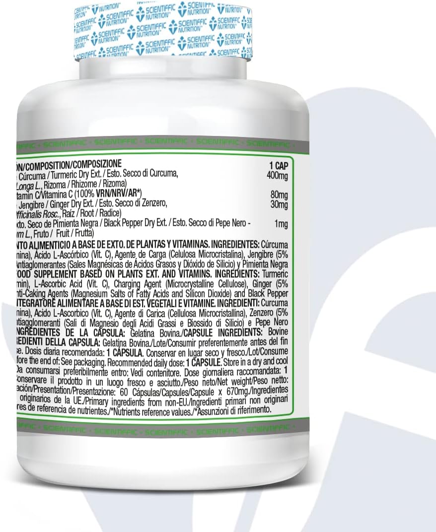 Scientiffic Nutrition - Turmeric+ con Bioperine® Complemento Alimenticio a Base de Cúrcuma y Pimienta Negra, Antiinflamatorio, 60 Cápsulas.