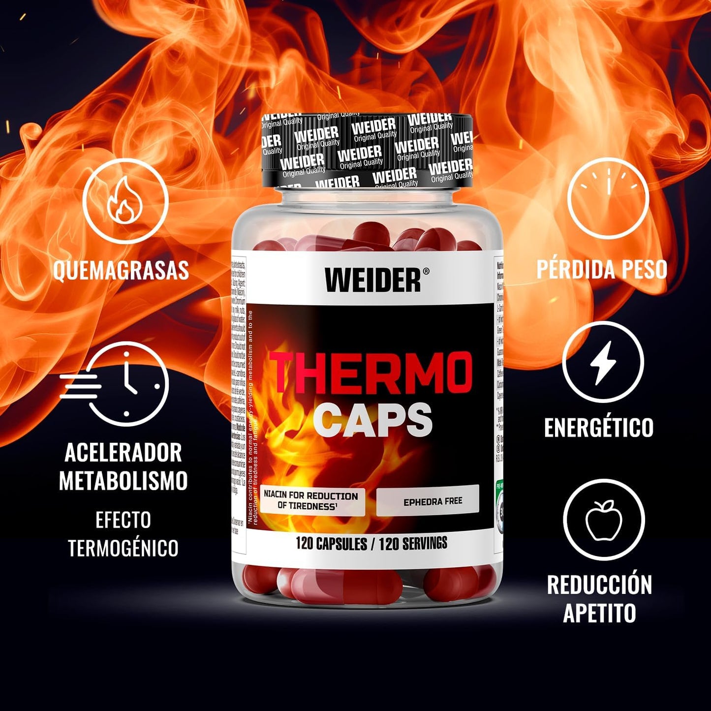 Weider Thermo Caps Disminuye el Apetito, Potente Fórmula Termogénica con Cafeína; Enriquecido con Cromo, Cúrcuma, L-Carnitina, 120 Capsulas