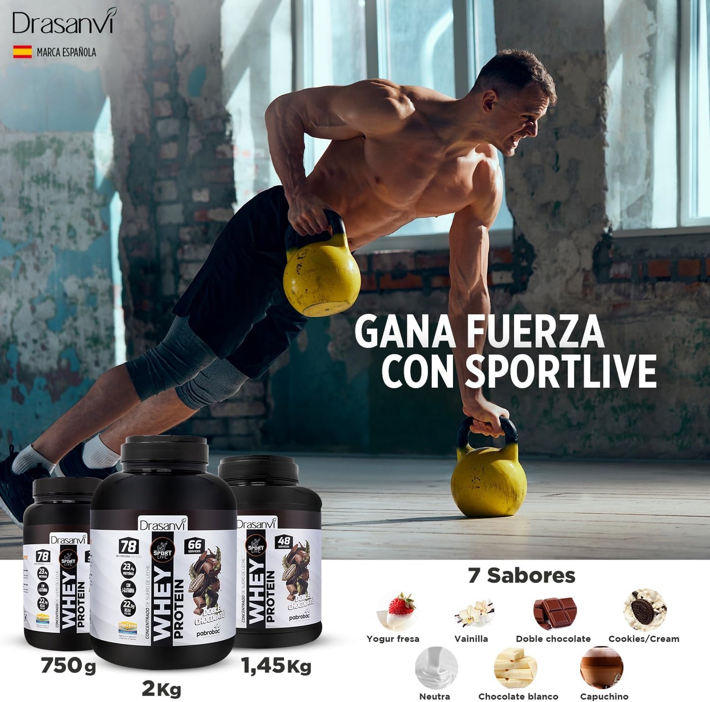 SPORT LIVE Concentrado de proteinas de suero de leche | Whey Protein en polvo con L-Glutamina y L-Leucina | Ayuda a aumentar tu masa muscular | Mejora tus batidos |Doble Chocolate | 750 GR