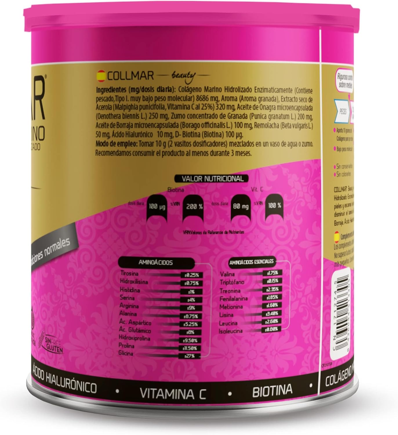 DRASANVI COLLMAR BEAUTY COLAGENO MARINO PARA LA PIEL | Colageno Hidrolizado con Vitamina C Natural, Biotina y Acido Hialuronico| Piel Bonita e Hidratada| Sabor Granada | 275 GR