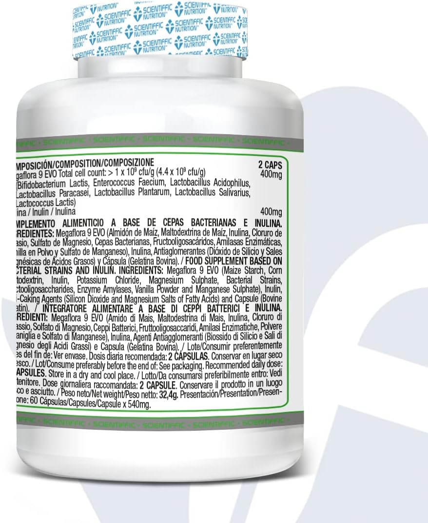 Scientiffic Nutrition - Probiotic, Probióticos intestinales con Megaflora9 e Inulina, Suplemento para la Flora Intestinal, Mejora la Salud Digestiva y el Sistema Inmune - 60 Cápsulas