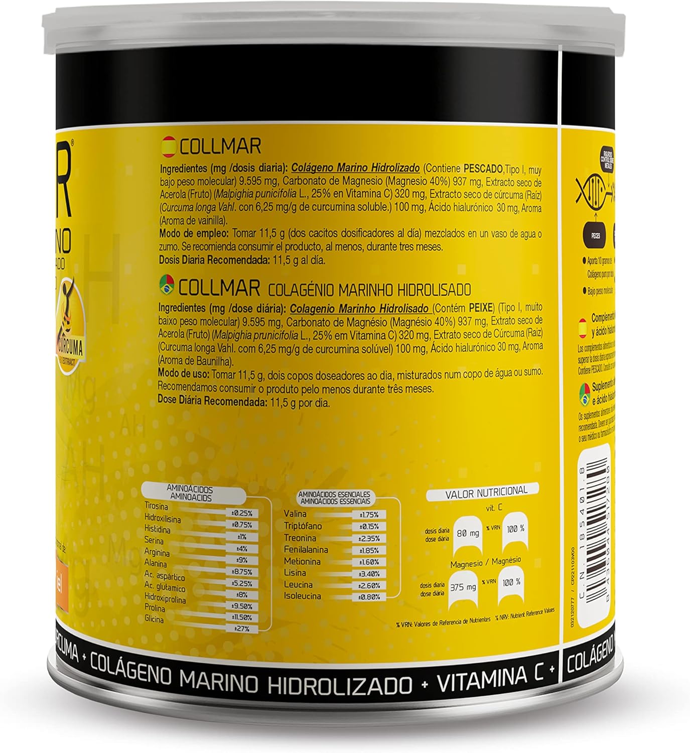 Drasanvi COLLMAR Colágeno Marino Hidrolizado + Cúrcuma con Magnesio, Vitamina C, Ácido Hialurónico para bienestar articular y muscular |Máx. asimilación 9.355 mg/día | 300g de polvo | Sabor Vainilla