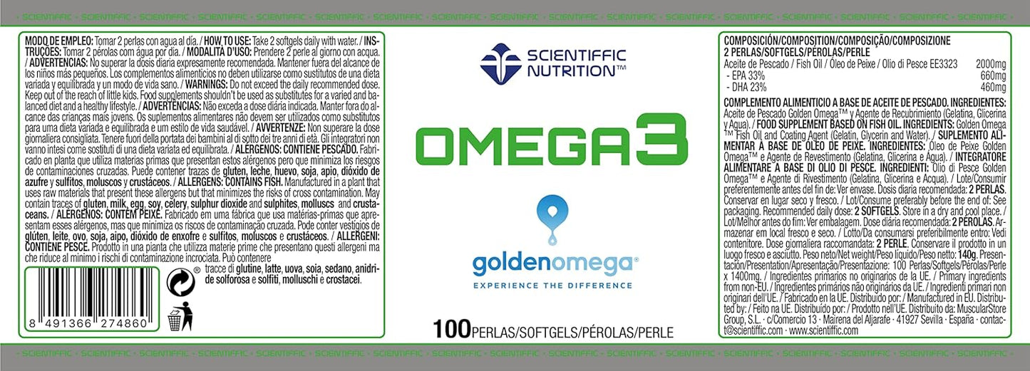 Scientiffic Nutrition - Omega 3 Cápsulas Aceite de Pescado 2000mg, Contiene EPA, DHA y Vitamina E, Mantiene los Niveles de Colesterol - 100 Perlas.