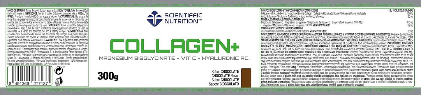 Scientiffic Nutrition - Collagen+, Colágeno con Magnesio, Ácido Hialurónico y Vitamina C, Mantiene la Piel Tersa, Fortalece Articulaciones, Hueso y Uñas - 300g Sabor Chocolate.