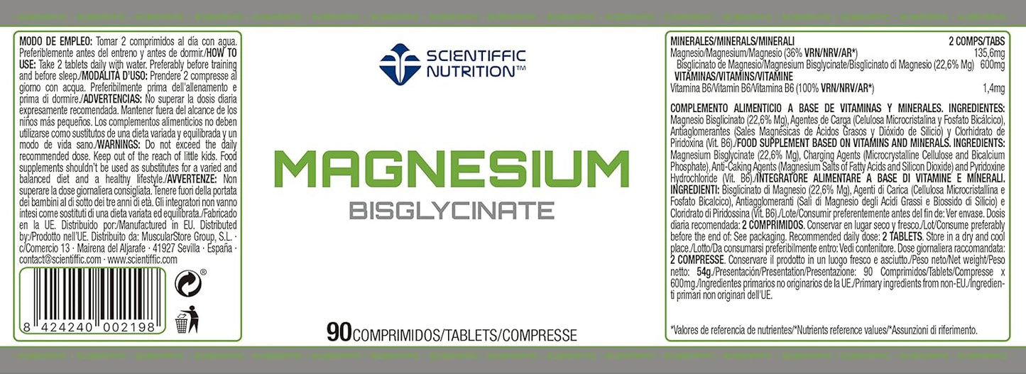 Scientiffic Nutrition - Magnesium Bisglycinate 300mg, Comprimidos de Magnesio Bisglicinato y Vitamina B6, Complemento Alimenticio de Alta Absorción, 90 Cápsulas.