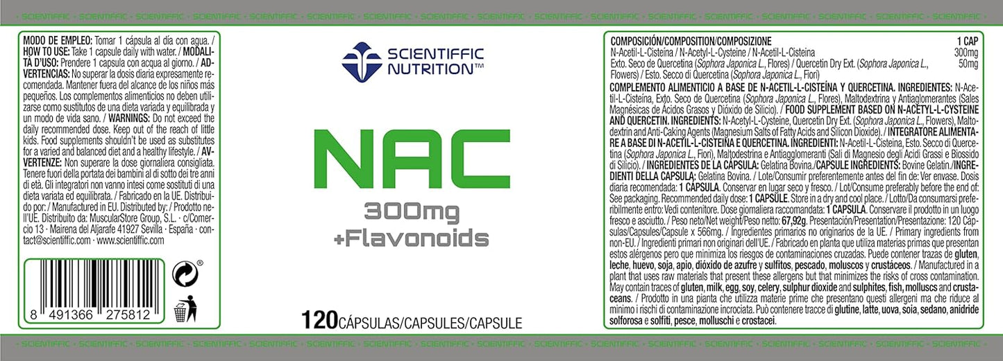 Scientiffic Nutrition - NAC + Flavonoids 300mg, N-Acetil-L-Cisteina, Potente Antioxidante, Reduce la Inflamación Muscular, aumenta los Niveles de Glutatión - 120 cápsulas