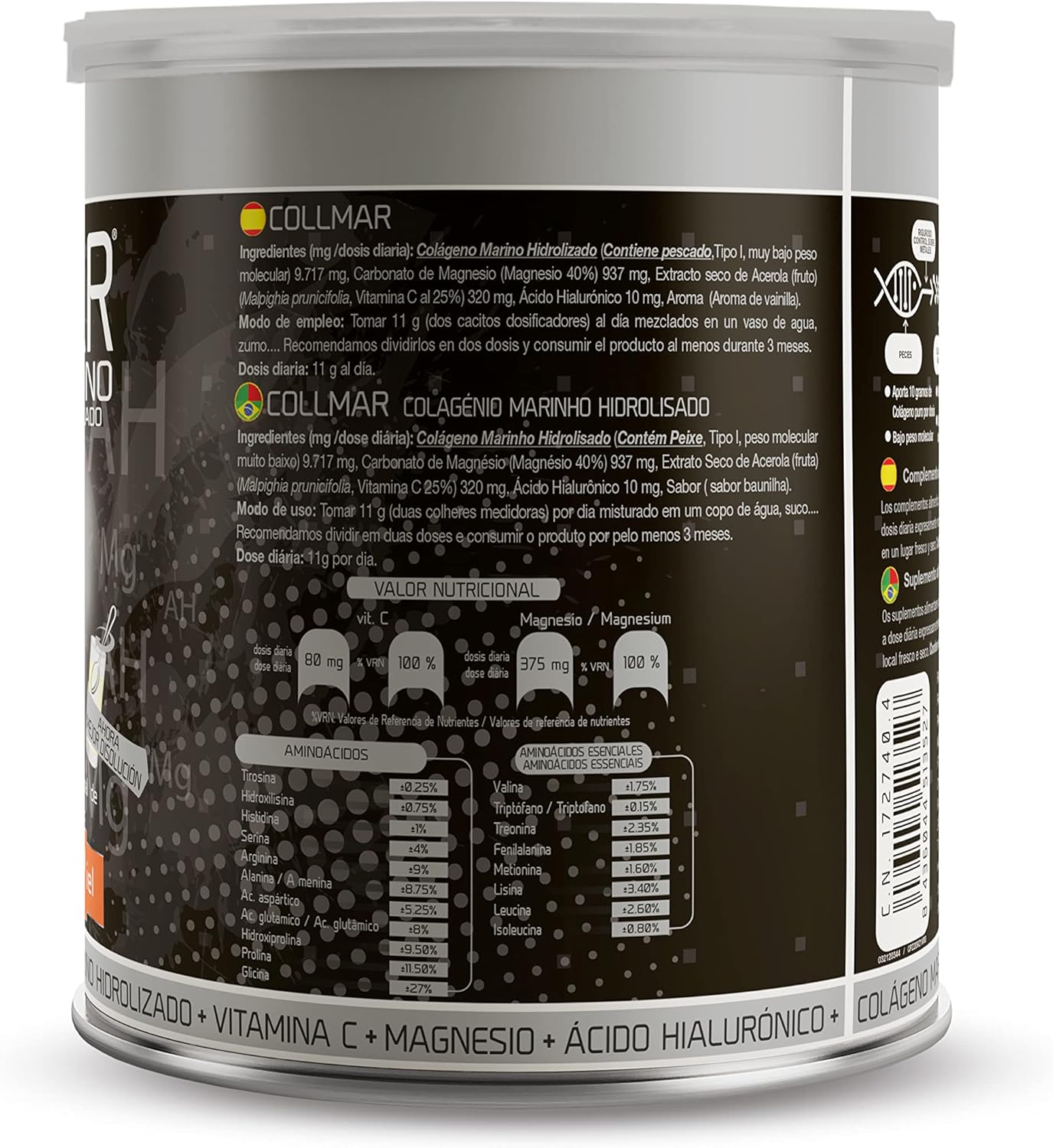 Drasanvi COLLMAR Colágeno Marino Hidrolizado con Ácido Hialurónico, Magnesio, Vitamina C | para cartílagos, huesos y piel | Sin edulcorantes |Alta dosis 9.717 mg/dia |300g de polvo | Sabor Vainilla