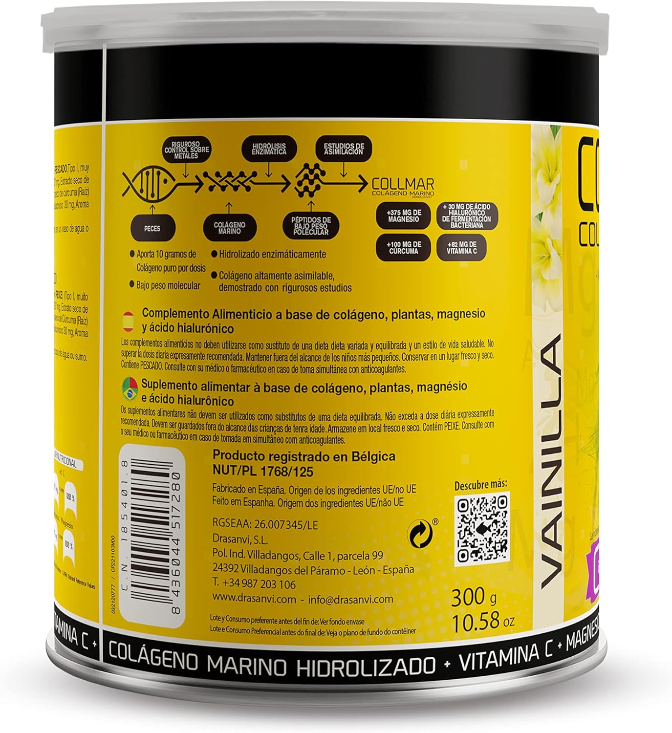 Drasanvi COLLMAR Colágeno Marino Hidrolizado + Cúrcuma con Magnesio, Vitamina C, Ácido Hialurónico para bienestar articular y muscular |Máx. asimilación 9.355 mg/día | 300g de polvo | Sabor Vainilla