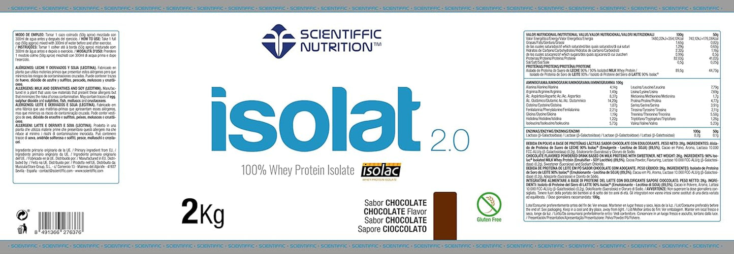 Scientiffic Nutrition - Isolat 2.0, Whey Protein, Suplemento de Proteina Aislada ISO con Lactasa, Proteina de Suero de Leche en Polvo - 2Kg, Chocolate.