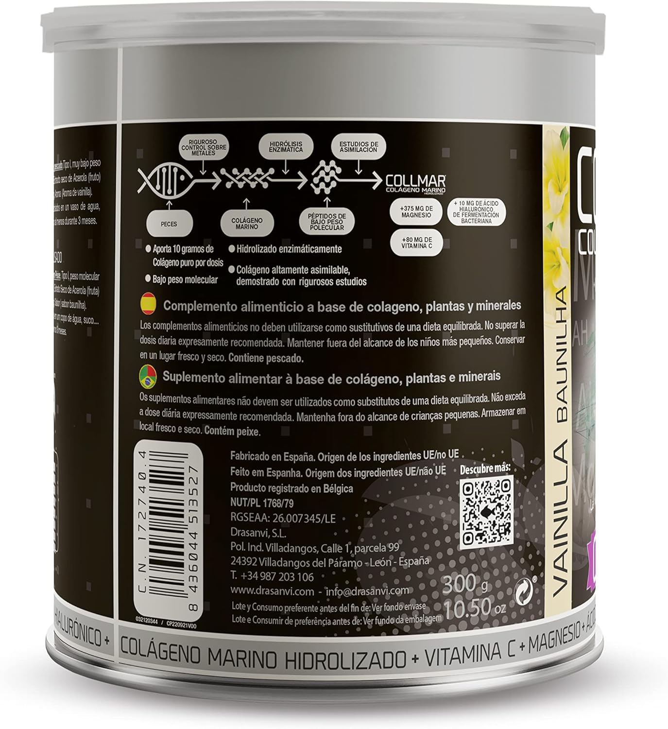 Drasanvi COLLMAR Colágeno Marino Hidrolizado con Ácido Hialurónico, Magnesio, Vitamina C | para cartílagos, huesos y piel | Sin edulcorantes |Alta dosis 9.717 mg/dia |300g de polvo | Sabor Vainilla