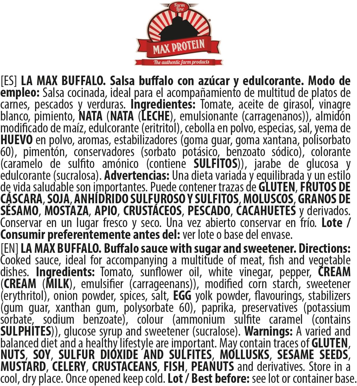 Max Protein Grandma's - LA MAX BUFFALO - Salsa Búfalo - Salsa Toque Picante e Intenso, para Allitas, Hamburguesas - Menos de 18 kcal por toma - Baja en Azúcares y en Grasas - Colab "Cocina del Pirata"