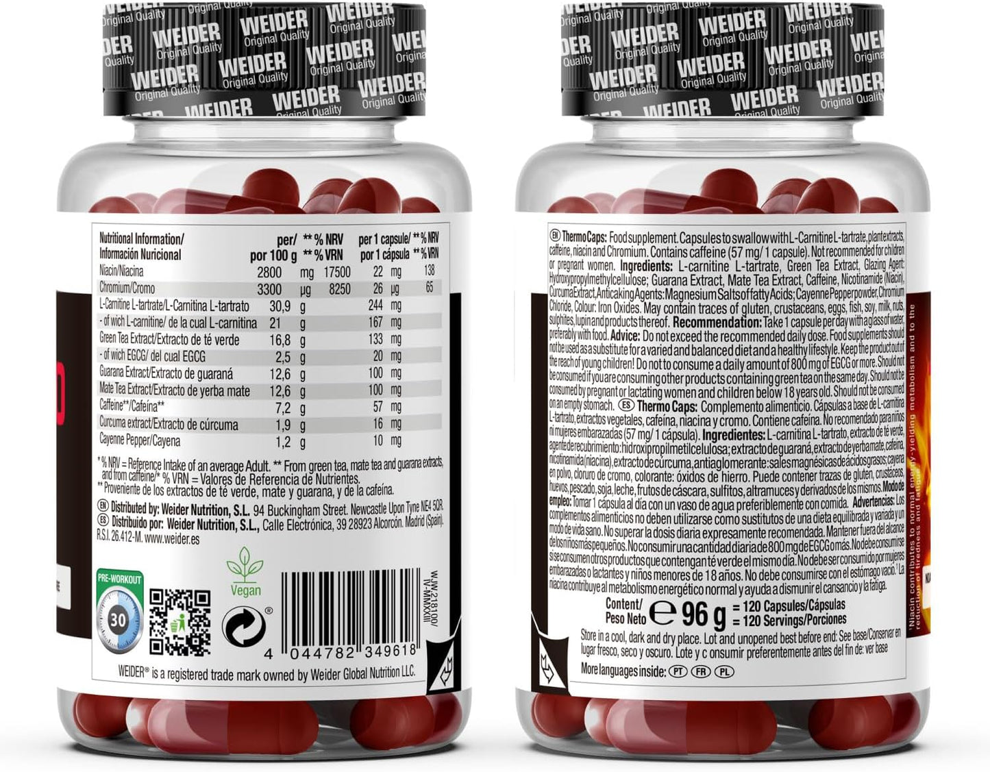 Weider Thermo Caps Disminuye el Apetito, Potente Fórmula Termogénica con Cafeína; Enriquecido con Cromo, Cúrcuma, L-Carnitina, 120 Capsulas