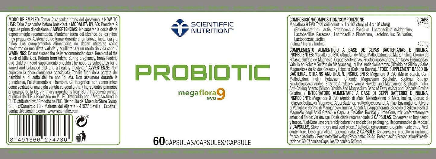 Scientiffic Nutrition - Probiotic, Probióticos intestinales con Megaflora9 e Inulina, Suplemento para la Flora Intestinal, Mejora la Salud Digestiva y el Sistema Inmune - 60 Cápsulas