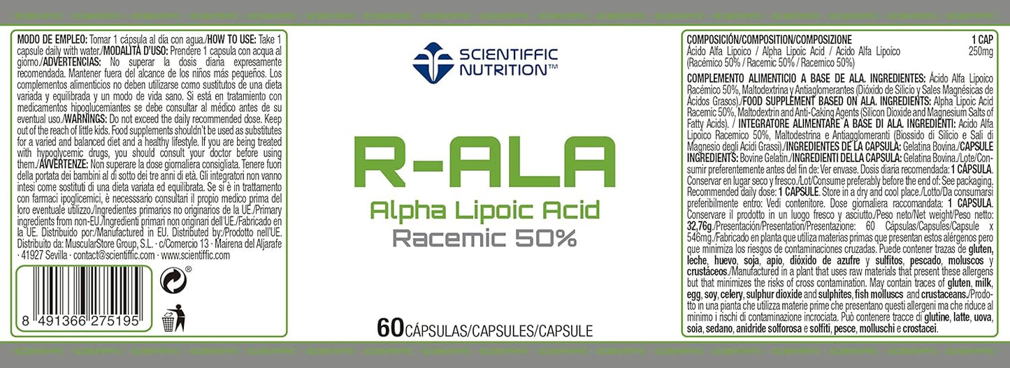 Scientiffic Nutrition - R-ALA 50%, Ácido Alfa Lipoico en Cápsulas, 250mg por Toma, Suplemento Alimenticio Antioxidante y Acelerador del Metabolismo - 60 Comprimidos.