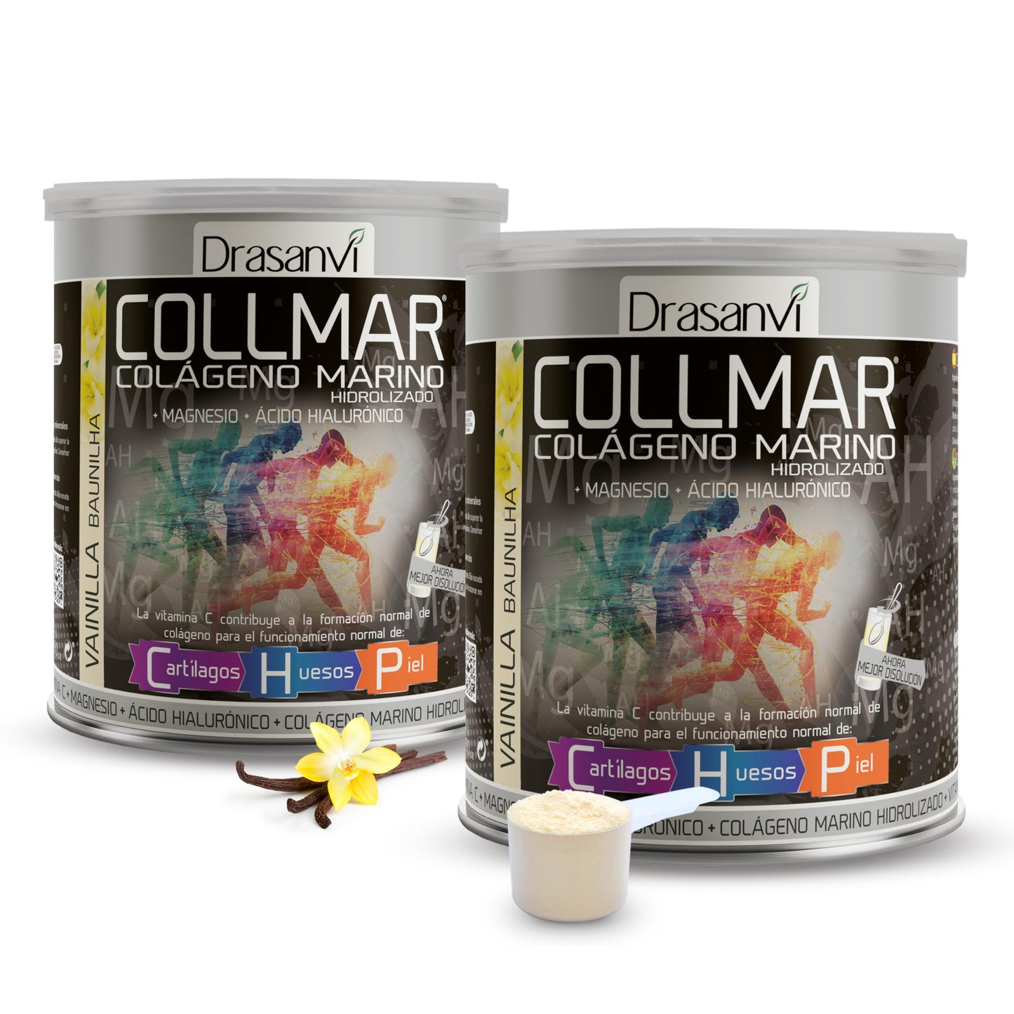 Drasanvi COLLMAR Colágeno Marino Hidrolizado con Ácido Hialurónico, Magnesio, Vitamina C | para cartílagos, huesos y piel | Sin edulcorantes |Alta dosis 9.717 mg/dia |300g de polvo | Sabor Vainilla