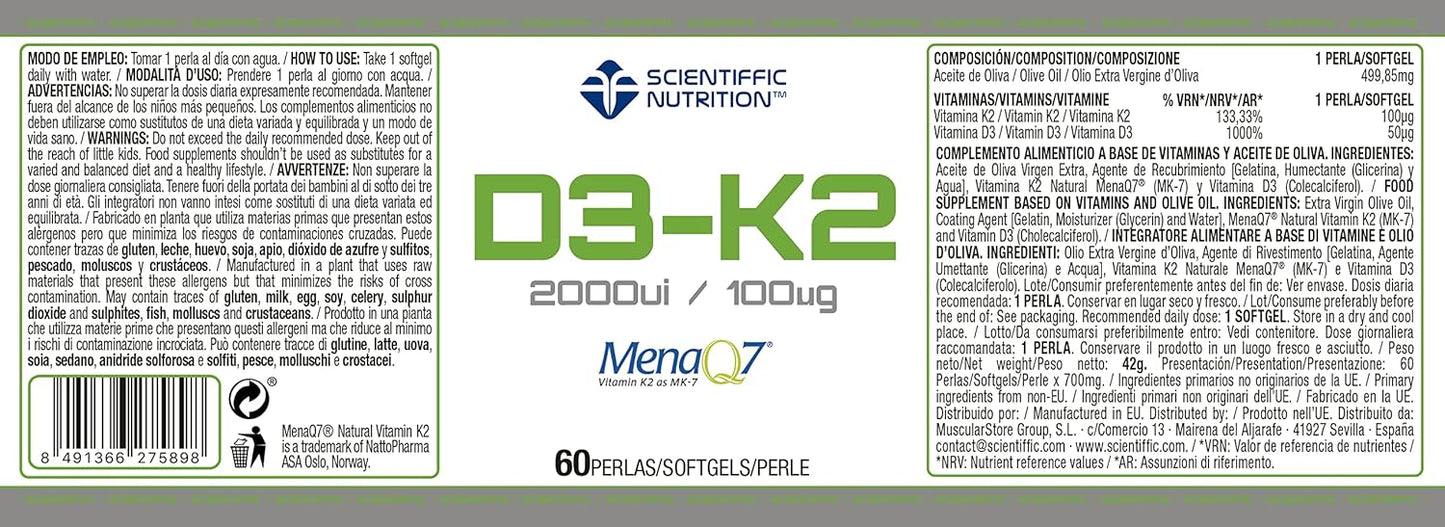 Scientiffic Nutrition - Vitamina D3 y K2 con Aceite de Oliva Virgen Extra para una Mejor Absorción y Alta Biodisponibilidad, Fortalece los huesos, Vitamina D3 2000ui + K2 100µg - 60 perlas