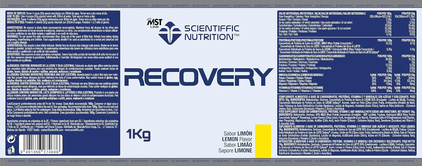 Scientiffic Nutrition - Recovery, Bebida Post Entreno para una Rápida Recuperación Muscular con Hidratos de Carbono, Hidrolizado y Proteína de Suero de Leche - 1kg, Sabor Limón.