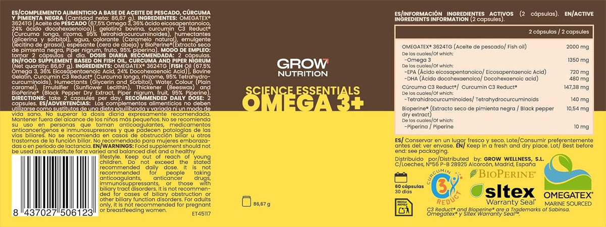 Grow Nutrition Omega 3+ OMEGATEX® - 60 cápsulas