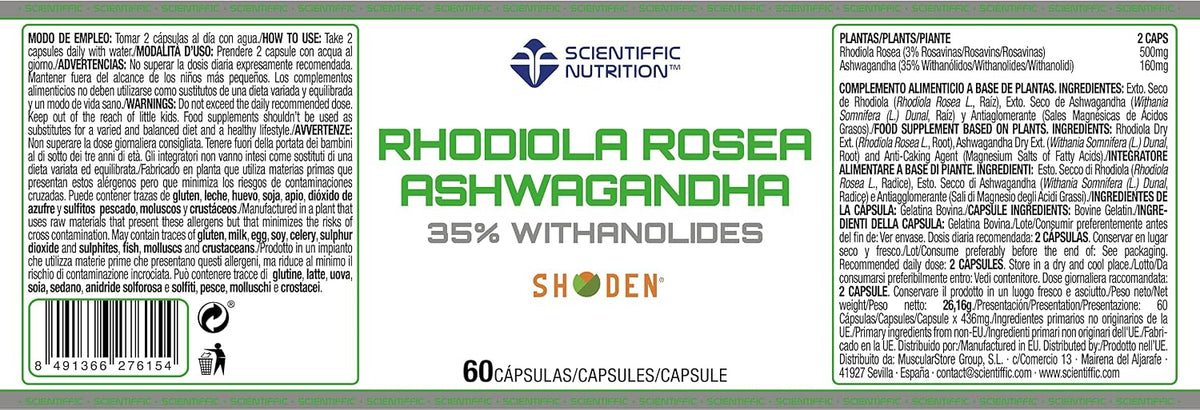 Etiqueta de Rhodiola Rosea y Ashwagandha Scientiffic 60 cápsulas, composición y advertencias