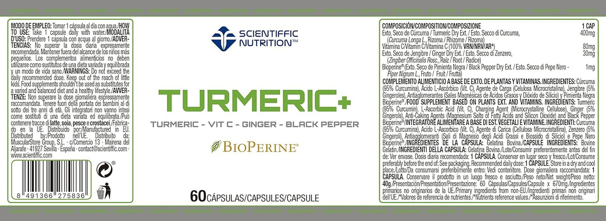 Etiqueta de Scientiffic Nutrition Turmeric+ con ingredientes, modo de empleo y advertencias