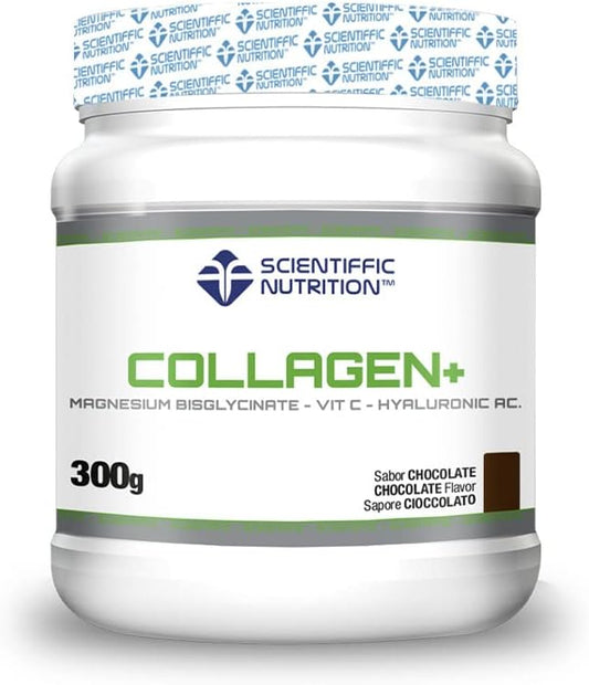 Scientiffic Nutrition - Collagen+, Colágeno con Magnesio, Ácido Hialurónico y Vitamina C, Mantiene la Piel Tersa, Fortalece Articulaciones, Hueso y Uñas - 300g Sabor Chocolate.