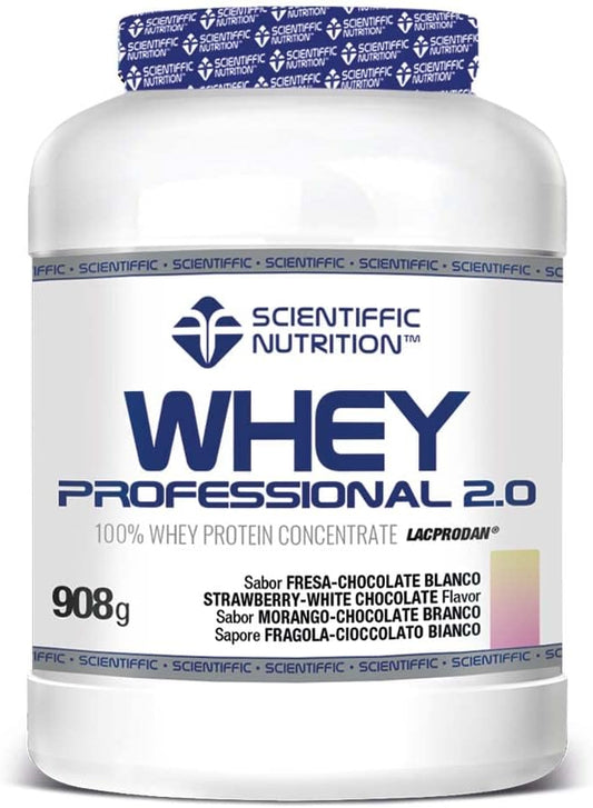 Scientiffic Nutrition - Whey Professional 2.0 Proteinas Whey en Polvo 100% Pura, para Aumentar la Masa Muscular, con Enzimas Digestivas y Lactasa - 908g, Sabor Fresa - Chocolate Blanco.