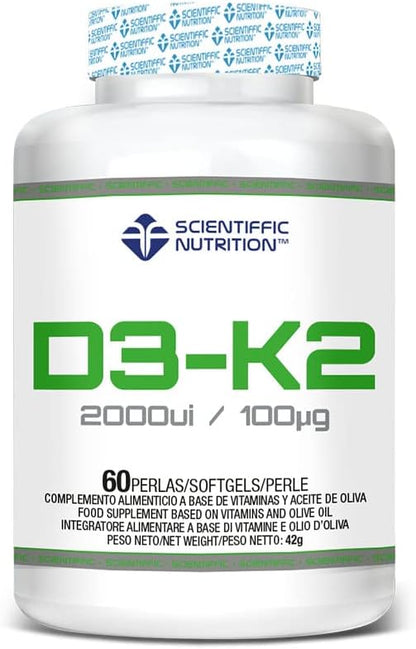 Scientiffic Nutrition - Vitamina D3 y K2 con Aceite de Oliva Virgen Extra para una Mejor Absorción y Alta Biodisponibilidad, Fortalece los huesos, Vitamina D3 2000ui + K2 100µg - 60 perlas
