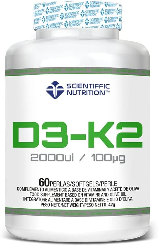 Scientiffic Nutrition - Vitamina D3 y K2 con Aceite de Oliva Virgen Extra para una Mejor Absorción y Alta Biodisponibilidad, Fortalece los huesos, Vitamina D3 2000ui + K2 100µg - 60 perlas