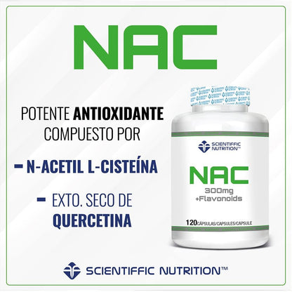 Scientiffic Nutrition - NAC + Flavonoids 300mg, N-Acetil-L-Cisteina, Potente Antioxidante, Reduce la Inflamación Muscular, aumenta los Niveles de Glutatión - 120 cápsulas