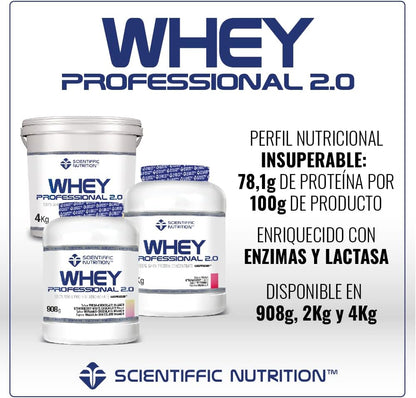 Scientiffic Nutrition - Whey Professional 2.0 Proteinas Whey en Polvo 100% Pura, para Aumentar la Masa Muscular, con Enzimas Digestivas y Lactasa - 908g, Sabor Fresa - Chocolate Blanco.